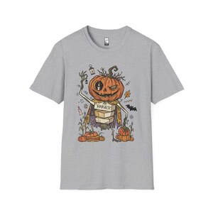 Camiseta Unissex com Estampa de Abóbora | Estampa de Abóbora de Halloween | Camiseta com Estampa de Colheita de Outono | Camiseta Assustadora com Abóbora Sport Grey