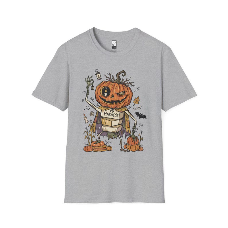 Camiseta Unissex com Estampa de Abóbora | Estampa de Abóbora de Halloween | Camiseta com Estampa de Colheita de Outono | Camiseta Assustadora com Abóbora Sport Grey