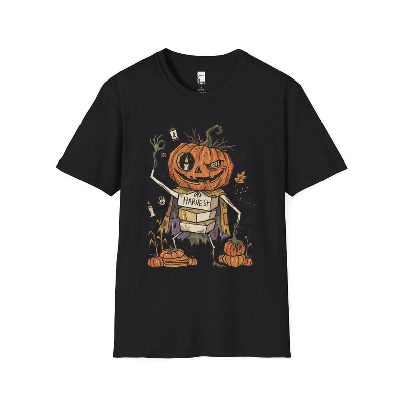 Camiseta Unissex com Estampa de Abóbora | Estampa de Abóbora de Halloween | Camiseta com Estampa de Colheita de Outono | Camiseta Assustadora com Abóbora Black