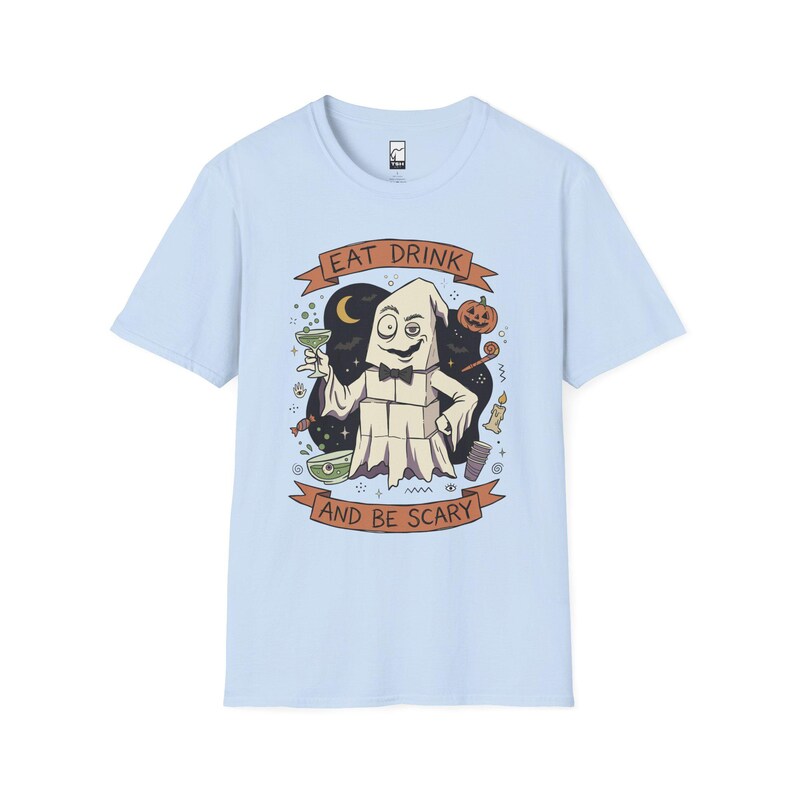 Eat Drink Ghost T-Shirt | Halloween Ghost Cocktail Tee Light Blue