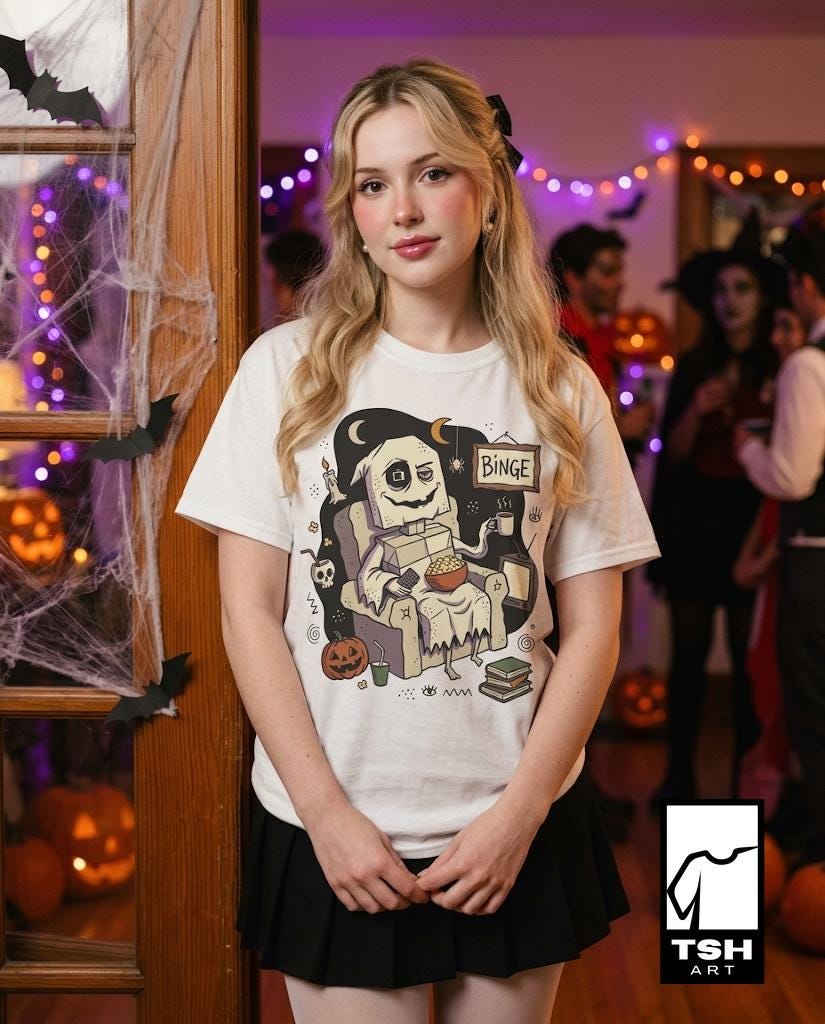 Cozy Halloween Ghost Shirt | Movie Night Graphic Tee | Spooky Season T Shirt | Autumn Binge Watching Tee | Vintage Cozy Tee | Unisex Gift