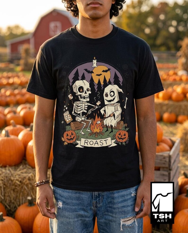 Skeleton Roast Halloween Shirt | Ghost Campfire Tee | Funny Marshmallow T Shirt | Spooky Smores Graphic Tee | Retro Fall Tee | Unisex Gift