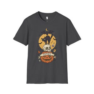 Halloween Black Cat Shirt | Skull Pumpkin Graphic Tee | Gothic Tattoo Flash T Shirt | Spooky Season Cat Lover Gift | Dark Academia Fall Top Dark Heather