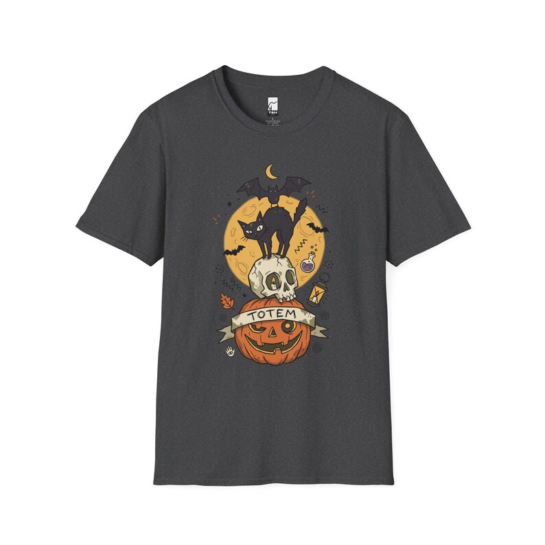 Halloween Black Cat Shirt | Skull Pumpkin Graphic Tee | Gothic Tattoo Flash T Shirt | Spooky Season Cat Lover Gift | Dark Academia Fall Top Dark Heather
