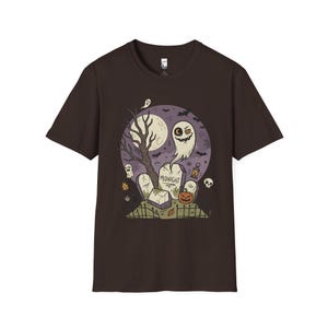 Unisex Graveyard T-Shirt | Spooky Halloween Print | Ghost and Full Moon Graphic Tee | Retro Graveyard T-Shirt Dark Chocolate