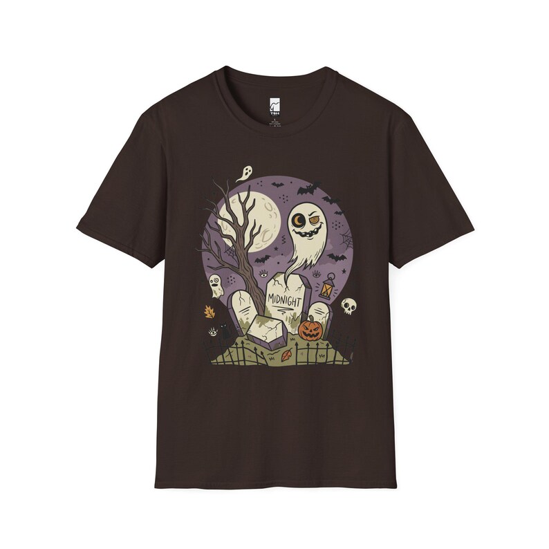 Unisex Graveyard T-Shirt | Spooky Halloween Print | Ghost and Full Moon Graphic Tee | Retro Graveyard T-Shirt Dark Chocolate