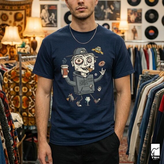 May include: Navy blue t-shirt featuring a cartoon character with a coffee cup, donut, and other graphics. The character wears a hoodie with the text "Never Sleep". The shirt is worn by a person.