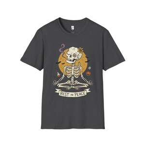 Skeleton Halloween Shirt | Rest In Peace Skull Tee | Full Moon Bat Graphic Tee | Yoga Meditation T Shirt | Vintage Spooky Tee | Unisex Gift Dark Heather