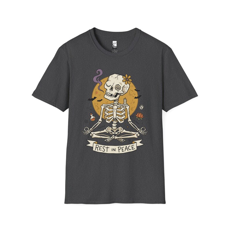 Skeleton Halloween Shirt | Rest In Peace Skull Tee | Full Moon Bat Graphic Tee | Yoga Meditation T Shirt | Vintage Spooky Tee | Unisex Gift Dark Heather