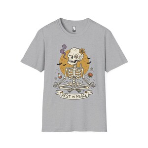 Skeleton Halloween Shirt | Rest In Peace Skull Tee | Full Moon Bat Graphic Tee | Yoga Meditation T Shirt | Vintage Spooky Tee | Unisex Gift Sport Grey