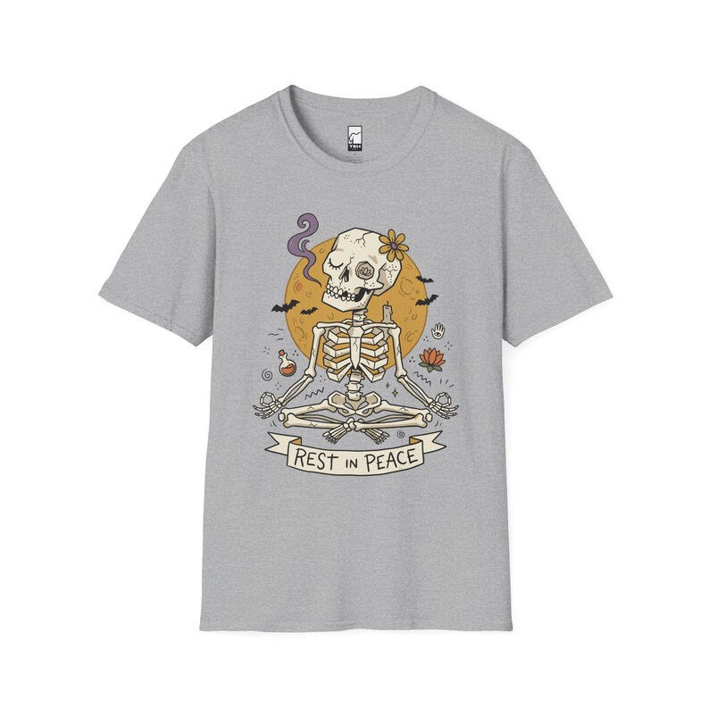 Skeleton Halloween Shirt | Rest In Peace Skull Tee | Full Moon Bat Graphic Tee | Yoga Meditation T Shirt | Vintage Spooky Tee | Unisex Gift Sport Grey