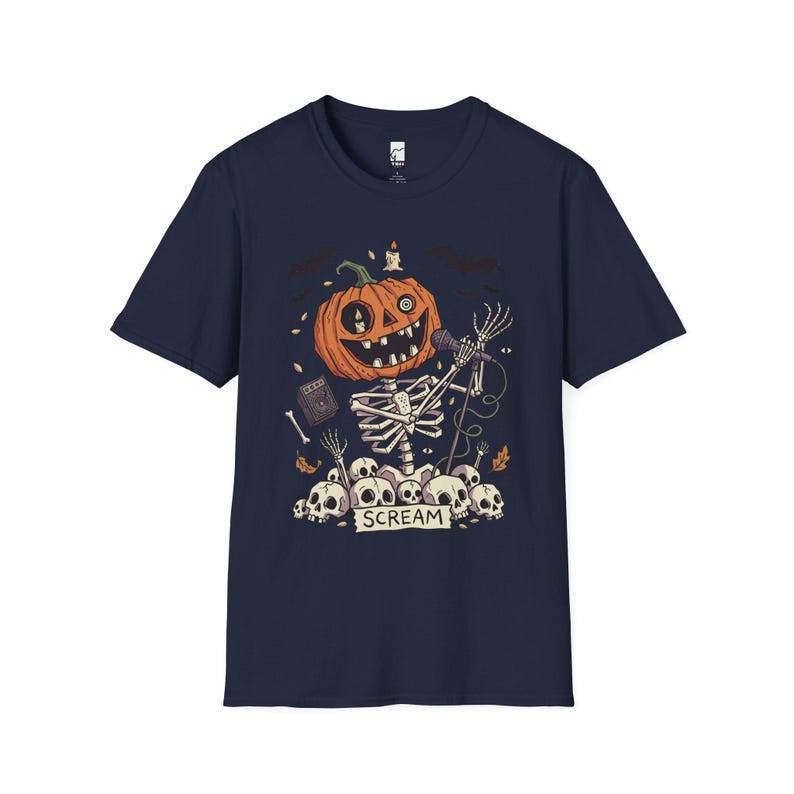 Scream Skeleton Halloween Shirt | Pumpkin Rocker T-shirt | Metal Horror Tee | Retro Herfstconcert Top | Gothic Rock Kleding | Unisex Cadeau Navy