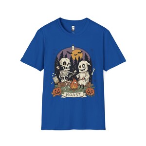Skeleton Roast Halloween Shirt | Ghost Campfire Tee | Funny Marshmallow T Shirt | Spooky Smores Graphic Tee | Retro Fall Tee | Unisex Gift Royal
