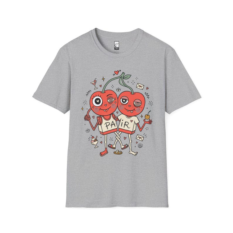 Cherry Pair T-Shirt | Quirky Couple Matching Graphic Tee, Valentine Anniversary Gift Sport Grey