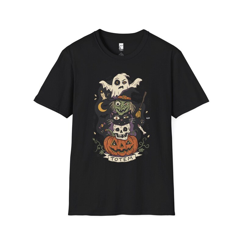 Halloween Witch Shirt | Black Cat Ghost Tee | Jack O Lantern Graphic Tee | Creepy Skull T Shirt | Retro Spooky Season Tee | Unisex Gift Black