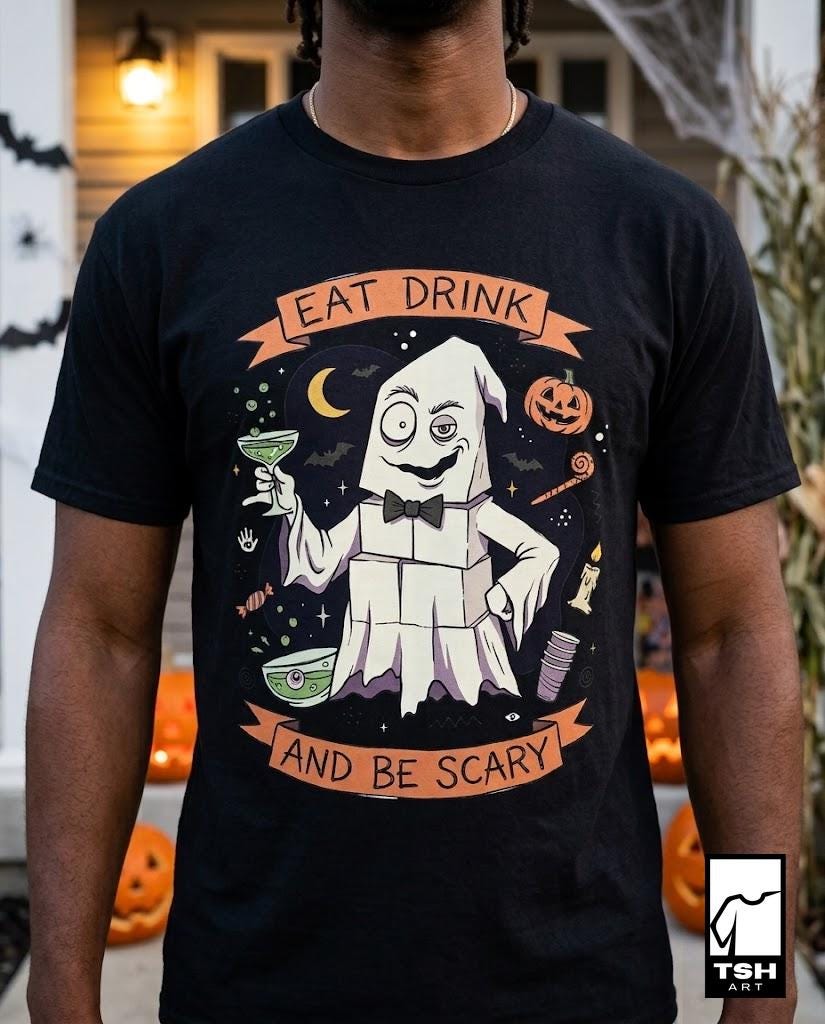 Eat Drink Ghost T-Shirt | Halloween Ghost Cocktail Tee