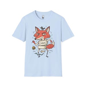 Chaos Fox T-Shirt | Mischievous Fox Illustration, Indie Lowbrow Art Tee Light Blue