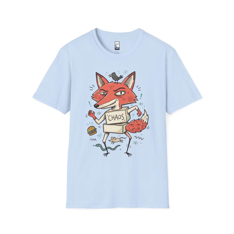 Chaos Fox T-Shirt | Mischievous Fox Illustration, Indie Lowbrow Art Tee Light Blue