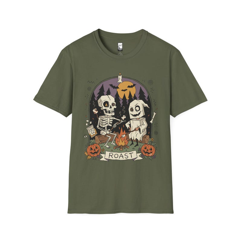 Skeleton Roast Halloween Shirt | Ghost Campfire Tee | Funny Marshmallow T Shirt | Spooky Smores Graphic Tee | Retro Fall Tee | Unisex Gift Military Green