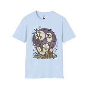 Unisex Graveyard T-Shirt | Spooky Halloween Print | Ghost and Full Moon Graphic Tee | Retro Graveyard T-Shirt Light Blue