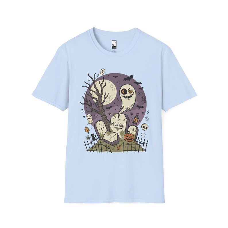 Unisex Graveyard T-Shirt | Spooky Halloween Print | Ghost and Full Moon Graphic Tee | Retro Graveyard T-Shirt Light Blue