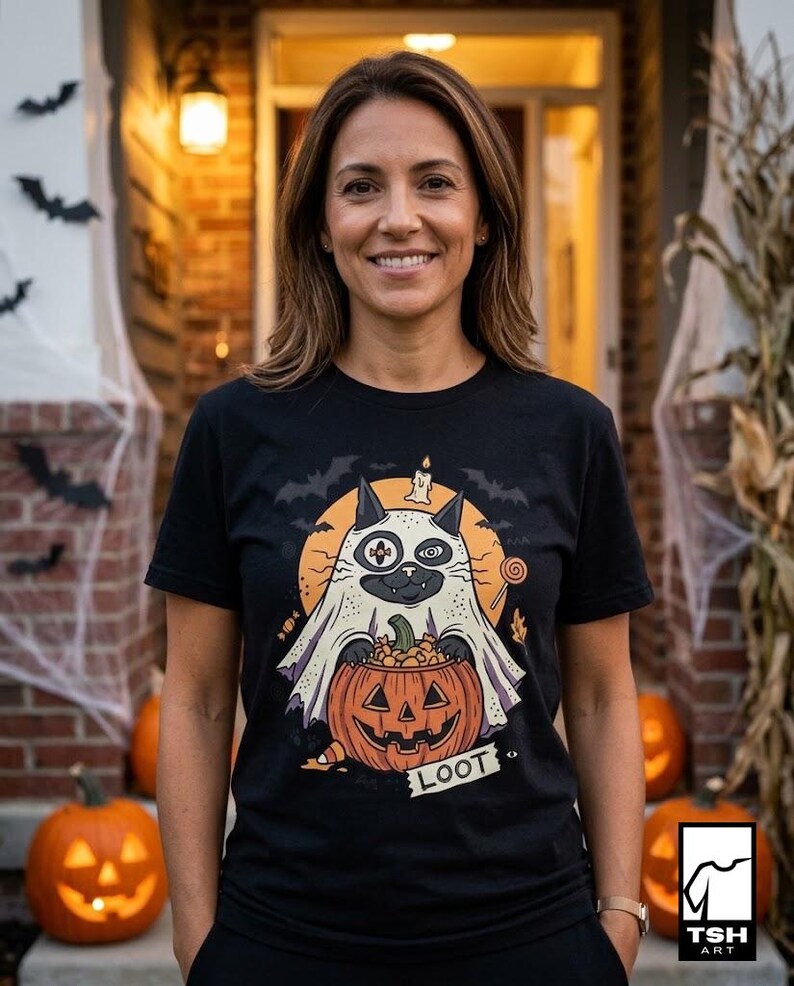 Ghost Cat Halloween Shirt | Spooky Kitten T Shirt | Cute Loot Graphic Tee | Retro Pumpkin Fall Top | Funny Cat Lover Clothes | Unisex Gift