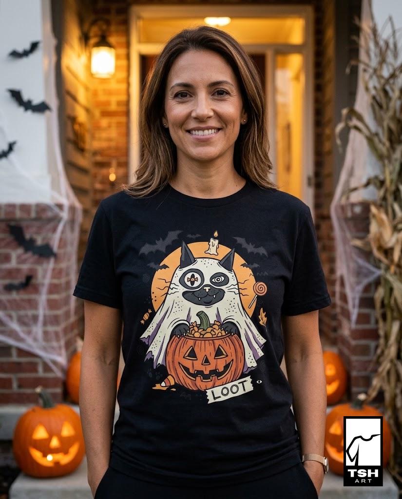 Ghost Cat Halloween Shirt | Spooky Kitten T Shirt | Cute Loot Graphic Tee | Retro Pumpkin Fall Top | Funny Cat Lover Clothes | Unisex Gift