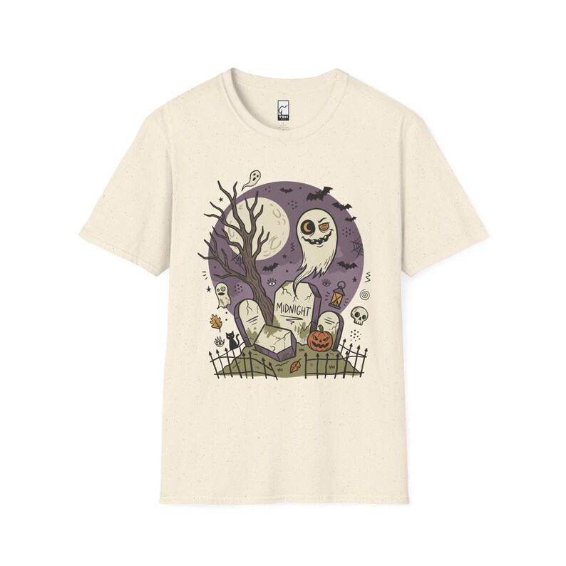 Unisex Graveyard T-Shirt | Spooky Halloween Print | Ghost and Full Moon Graphic Tee | Retro Graveyard T-Shirt Natural