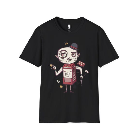 May include: A black short-sleeve t-shirt featuring a graphic illustration of a character with a red telephone booth torso, a bowler hat, and a mustache. The character holds a teacup and an umbrella, with a red bus and the word RIDE printed.