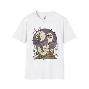 Unisex Graveyard T-Shirt | Spooky Halloween Print | Ghost and Full Moon Graphic Tee | Retro Graveyard T-Shirt White