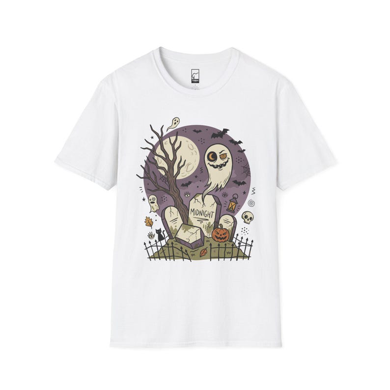 Unisex Graveyard T-Shirt | Spooky Halloween Print | Ghost and Full Moon Graphic Tee | Retro Graveyard T-Shirt White