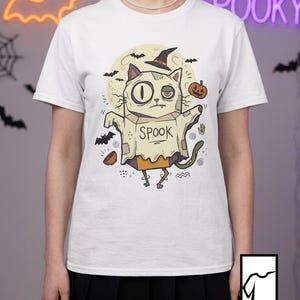 Halloween Cat Ghost Shirt | Funny Witch Cat Tee | Spooky Season Graphic T Shirt | Trick or Treat Costume Top | Cat Mom Gift | Fall Tee