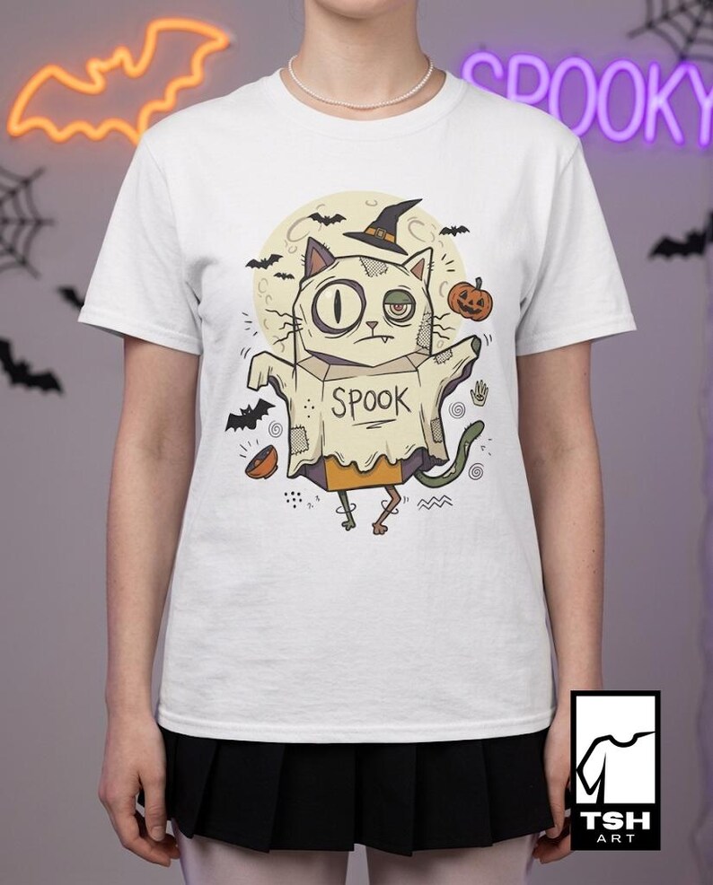 Halloween Cat Ghost Shirt | Funny Witch Cat Tee | Spooky Season Graphic T Shirt | Trick or Treat Costume Top | Cat Mom Gift | Fall Tee