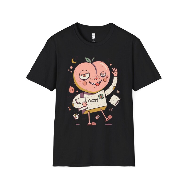 ふわふわピーチTシャツ｜のんびり朝のグラフィックTシャツ、眠そうなコーヒー好きのためのユニセックスシャツ Black