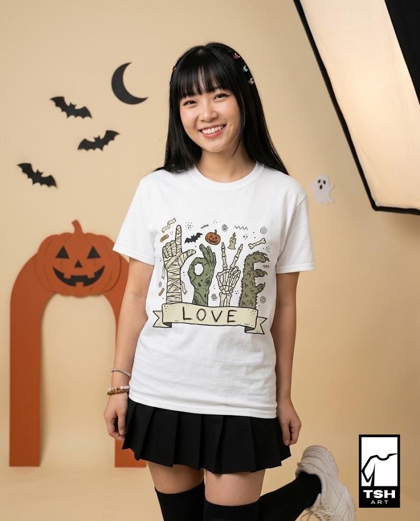 Halloween Love Shirt | Monster Hands T Shirt | Spooky Skeleton Hand Tee | Zombie Mummy Graphic Tee | Cute Creepy Fall Tee | Unisex Gift