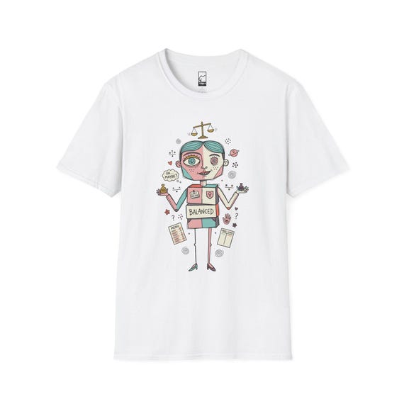 May include: A white short-sleeve t-shirt featuring a colorful graphic of a stylized figure with a box-shaped torso labeled BALANCED. The design includes a scale, small icons, and text reading OR MAYBE, MENU, and a hand symbol in a whimsical line-art style.