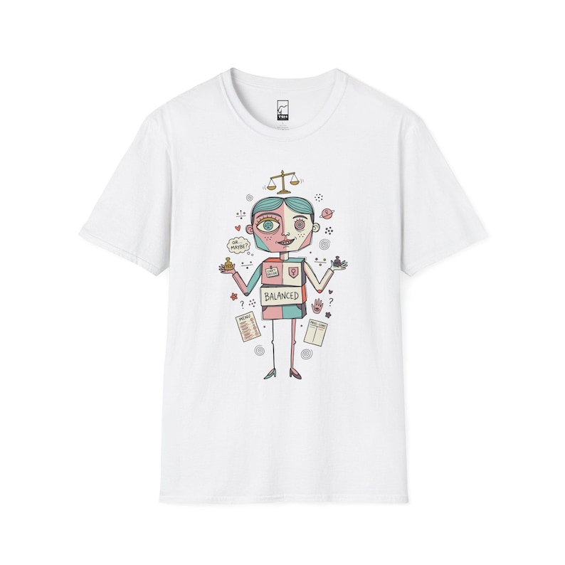 May include: A white short-sleeve t-shirt featuring a colorful graphic of a stylized figure with a box-shaped torso labeled BALANCED. The design includes a scale, small icons, and text reading OR MAYBE, MENU, and a hand symbol in a whimsical line-art style.