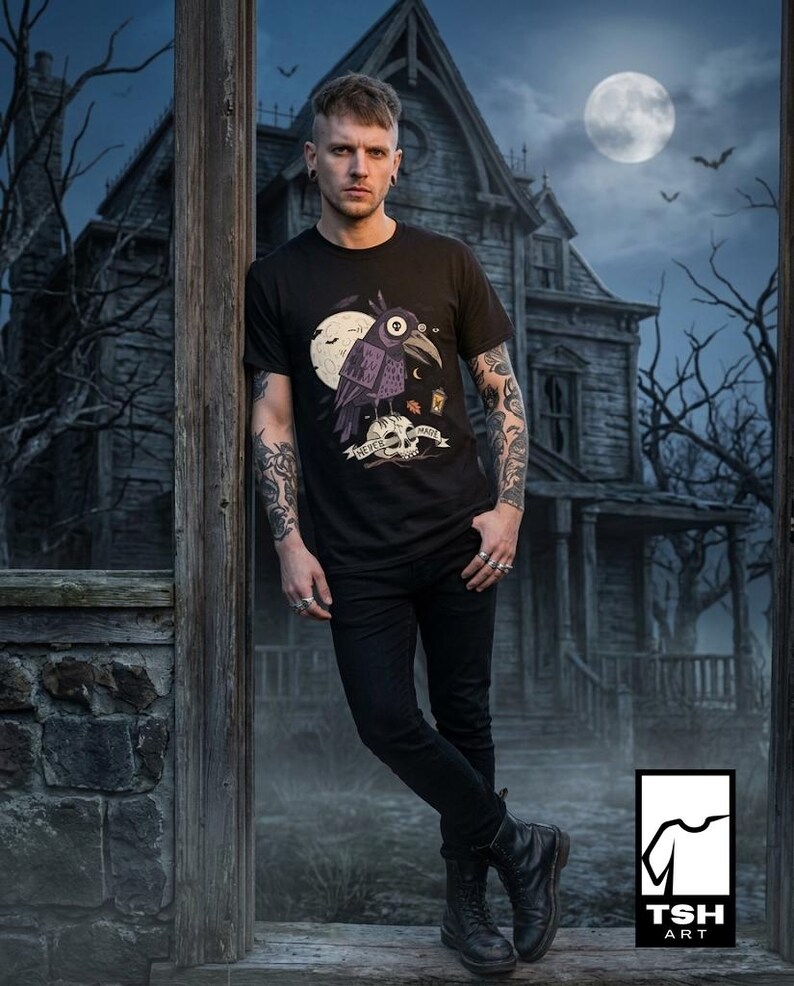 Halloween Raven Skull Shirt | Gothic Crow Graphic Tee | Full Moon T Shirt | Dark Academia Tattoo Flash Top | Spooky Season Fall Gift Tee