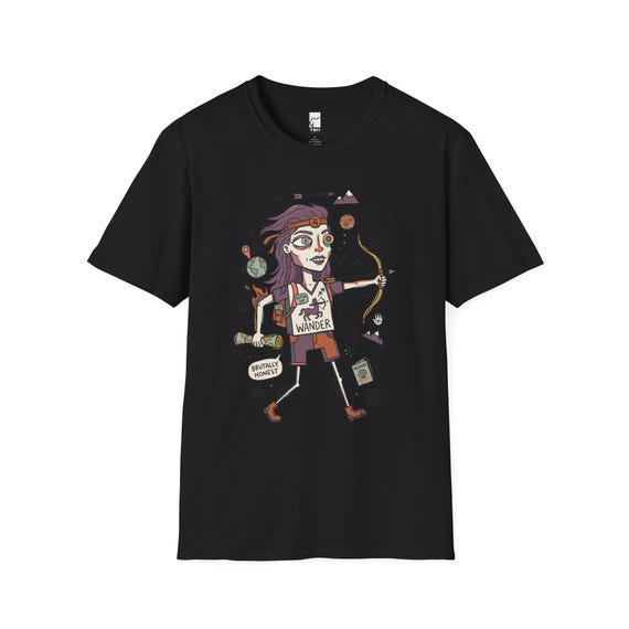 May include: A black short-sleeve t-shirt featuring a graphic illustration of a character holding a bow and arrow, wearing a shirt labeled WANDER, and carrying a map. The design includes small icons of mountains, a globe, and a speech bubble saying BRUTALLY HONEST.