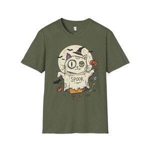 Halloween Cat Ghost Shirt | Funny Witch Cat Tee | Spooky Season Graphic T Shirt | Trick or Treat Costume Top | Cat Mom Gift | Fall Tee Military Green