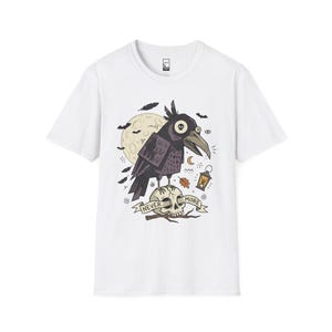 Halloween Raven Skull Shirt | Gothic Crow Graphic Tee | Full Moon T Shirt | Dark Academia Tattoo Flash Top | Spooky Season Fall Gift Tee White