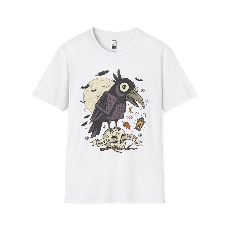 Halloween Raven Skull Shirt | Gothic Crow Graphic Tee | Full Moon T Shirt | Dark Academia Tattoo Flash Top | Spooky Season Fall Gift Tee White
