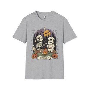 Skeleton Roast Halloween Shirt | Ghost Campfire Tee | Funny Marshmallow T Shirt | Spooky Smores Graphic Tee | Retro Fall Tee | Unisex Gift Sport Grey