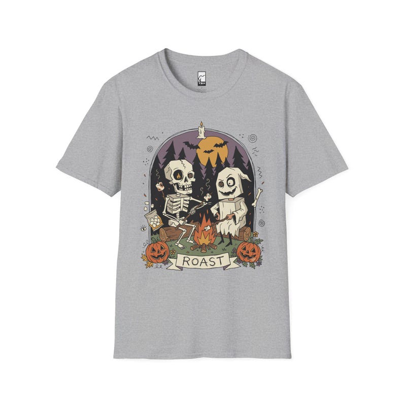 Skeleton Roast Halloween Shirt | Ghost Campfire Tee | Funny Marshmallow T Shirt | Spooky Smores Graphic Tee | Retro Fall Tee | Unisex Gift Sport Grey
