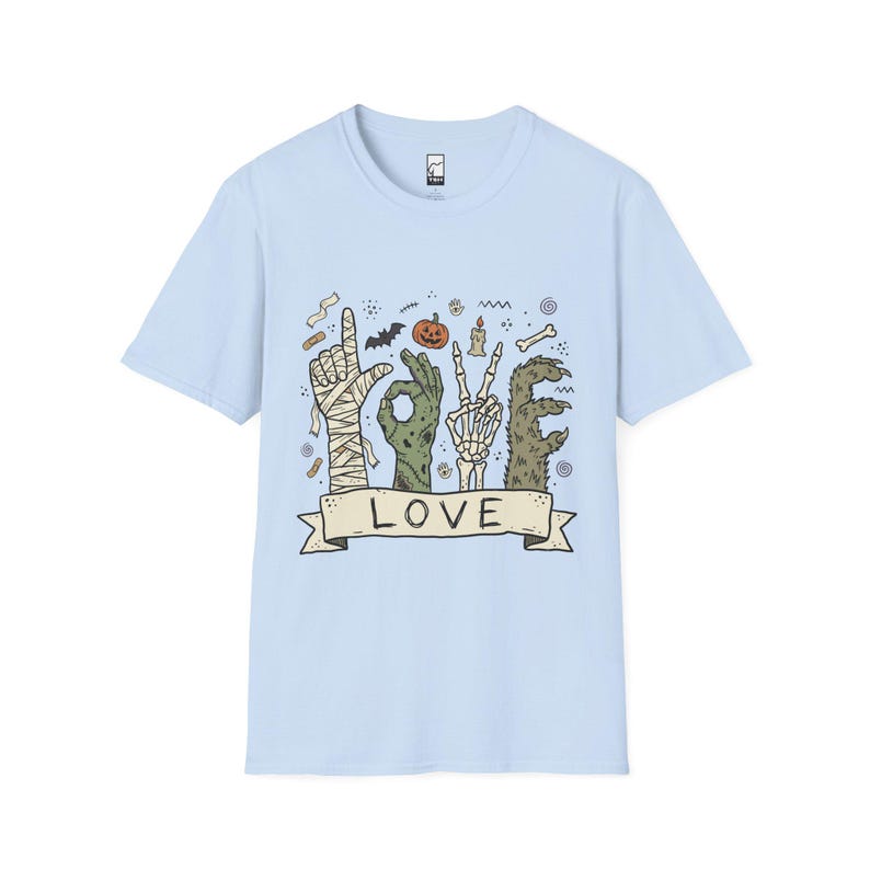 Halloween Love Shirt | Monster Hands T Shirt | Spooky Skeleton Hand Tee | Zombie Mummy Graphic Tee | Cute Creepy Fall Tee | Unisex Gift Light Blue