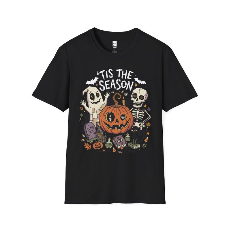 Tis The Season Halloween Shirt | Spooky Ghost T Shirt | Cute Pumpkin Graphic Tee | Retro Horror Fall Top | Gothic Cat Clothes | Unisex Gift Black