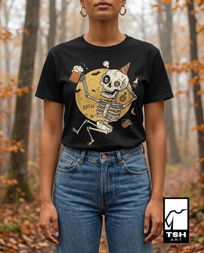 Funny Skeleton Shirt | Beer Drinking Tee | Halloween Party T Shirt | Spooky Humor Graphic Tee | Dancing Skeleton Tee | Unisex Gift