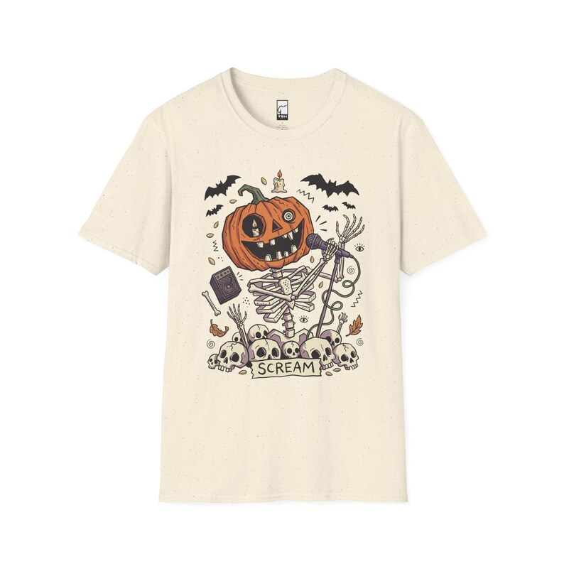 Scream Skeleton Halloween Shirt | Pumpkin Rocker T-shirt | Metal Horror Tee | Retro Herfstconcert Top | Gothic Rock Kleding | Unisex Cadeau Natural