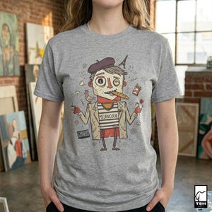 May include: A gray t-shirt featuring a whimsical illustration of a figure with a beret, holding a baguette and a drink, with the word "MELANCOLIE" on the chest. The design includes a small Eiffel Tower and a bird. The shirt has short sleeves.
