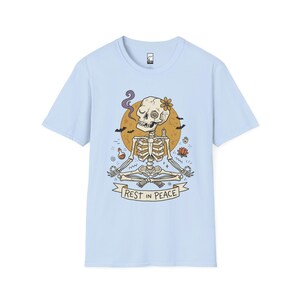 Skeleton Halloween Shirt | Rest In Peace Skull Tee | Full Moon Bat Graphic Tee | Yoga Meditation T Shirt | Vintage Spooky Tee | Unisex Gift Light Blue